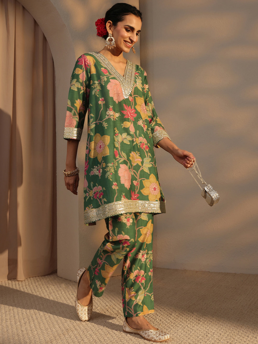 Green Floral Printed Silk Blend Co-Ord Set