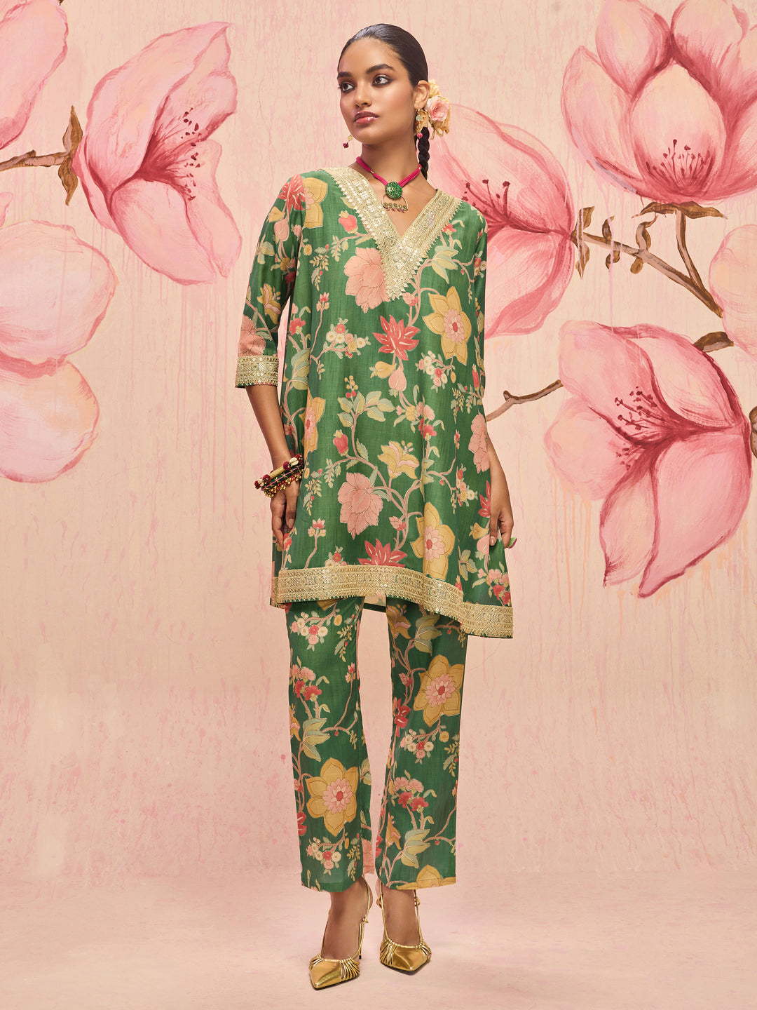 Libas Pallavi Green Floral Printed Silk Blend Co-Ord Set