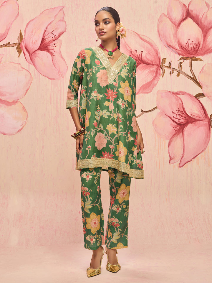 Libas Pallavi Green Floral Printed Silk Blend Co-Ord Set