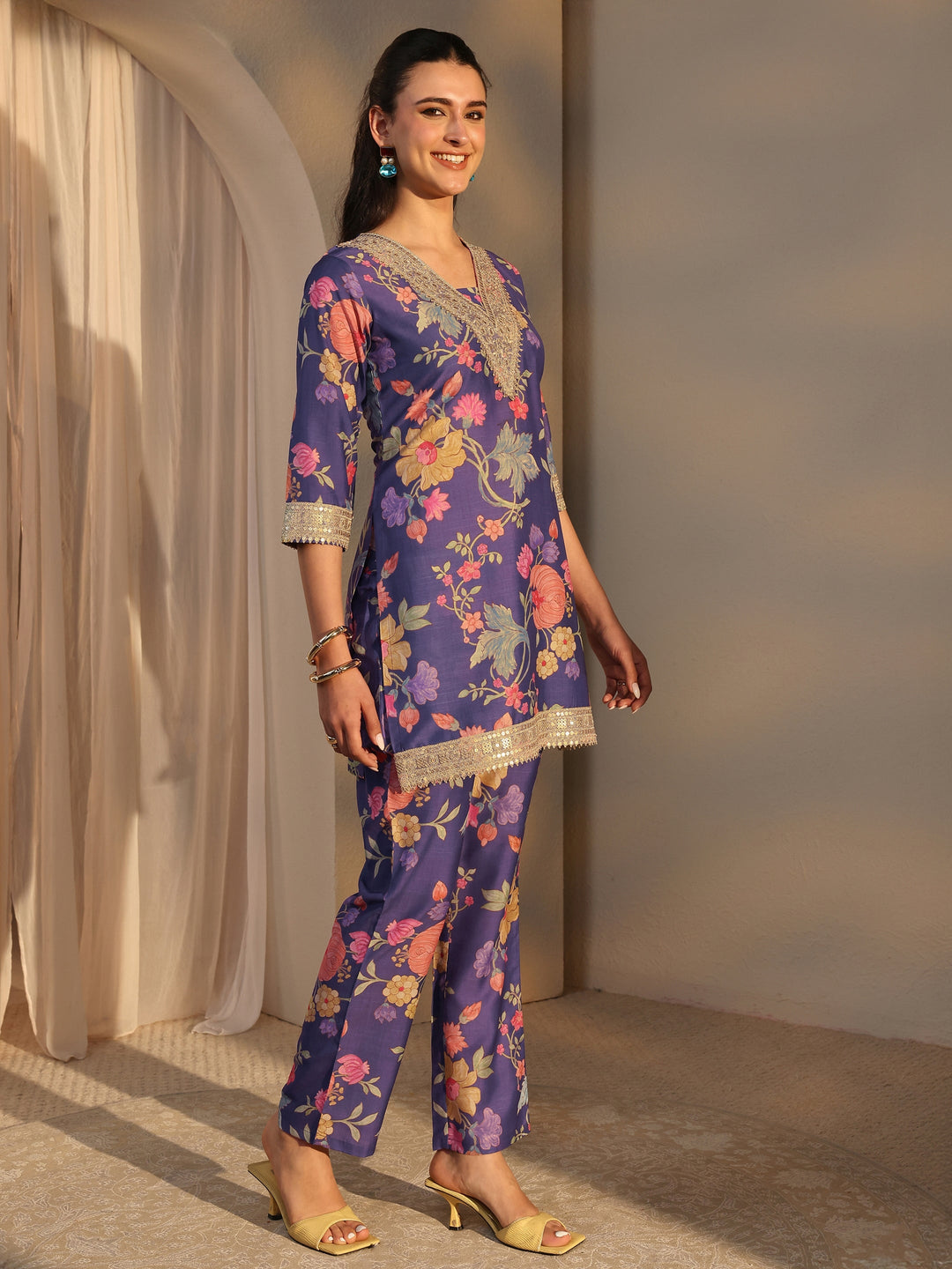 Blue Floral Printed Embellished Silk Blend Co-Ord Set