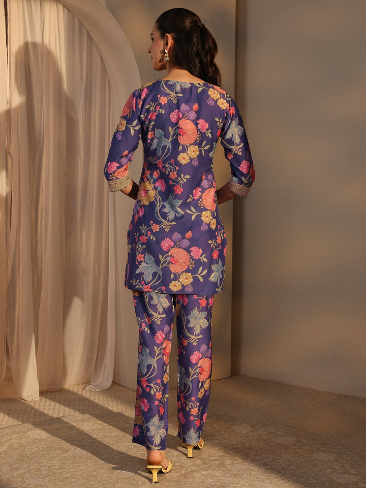 Blue Floral Printed Embellished Silk Blend Co-Ord Set