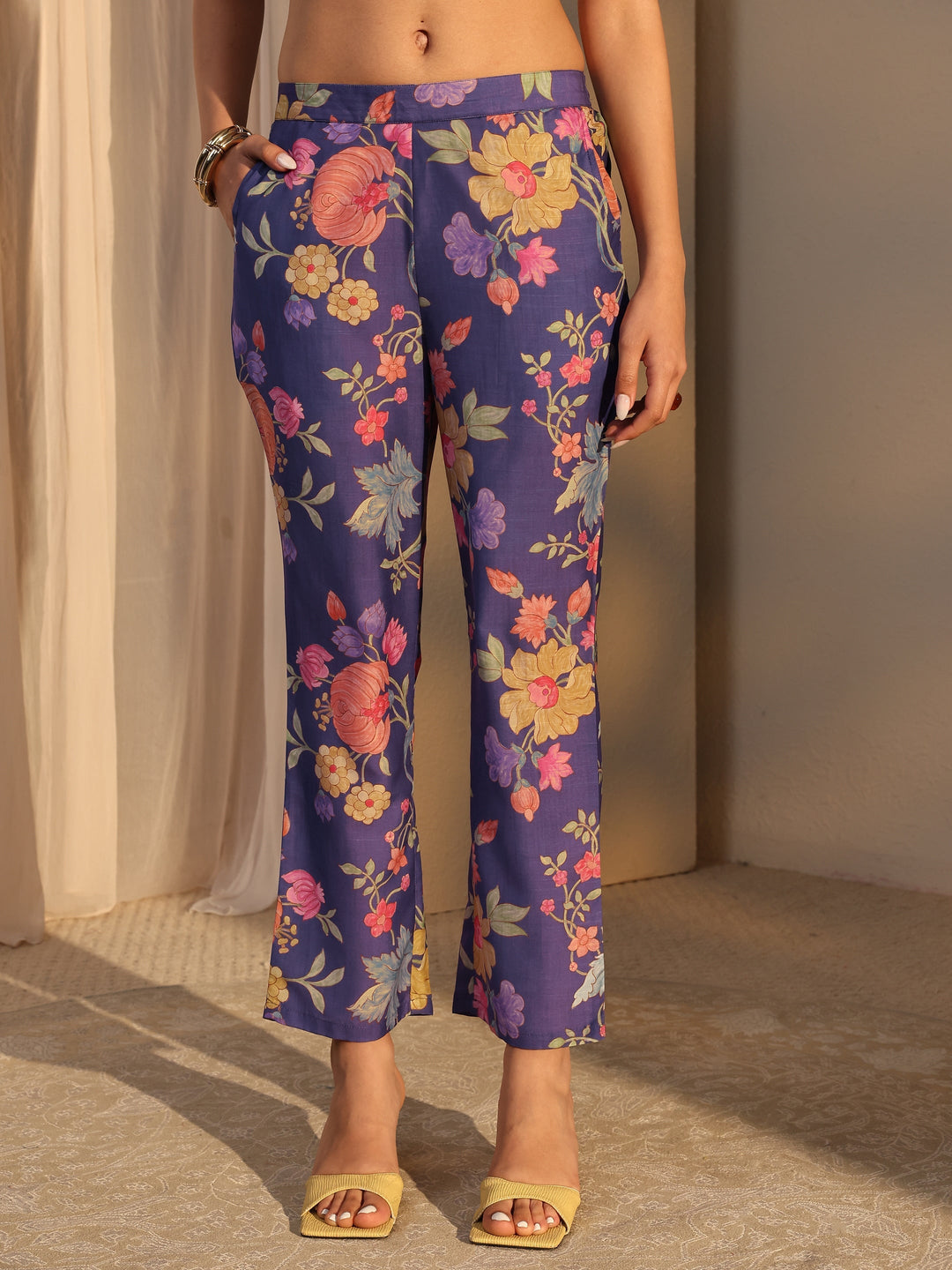 Blue Floral Printed Embellished Silk Blend Co-Ord Set