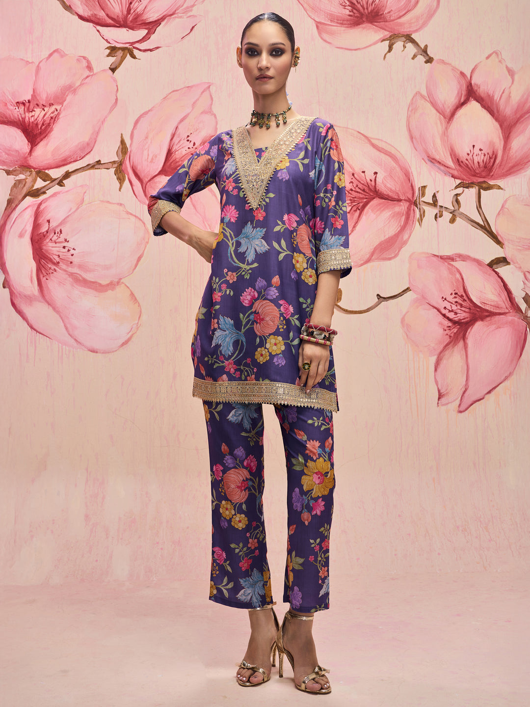 Libas Latika Blue Floral Printed Embellished Silk Blend Co-Ord Set