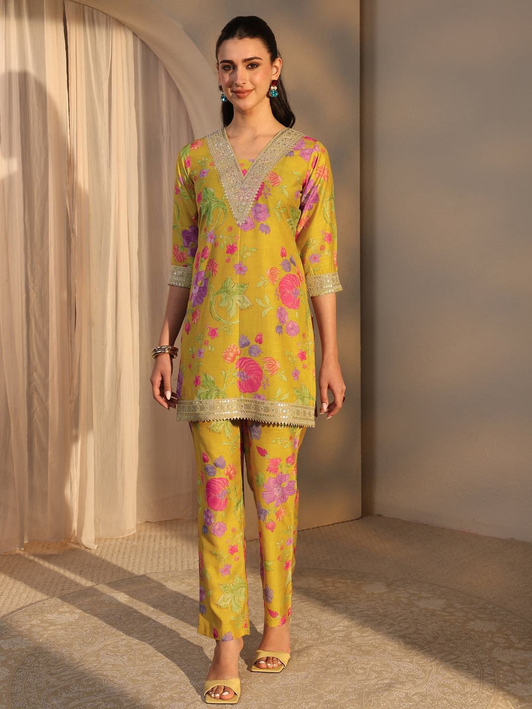 Mustard Floral Printed Embellished Silk Blend Co-Ord Set