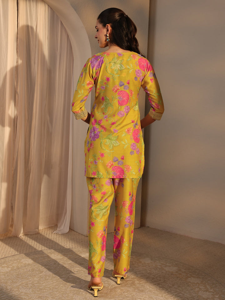 Mustard Floral Printed Embellished Silk Blend Co-Ord Set