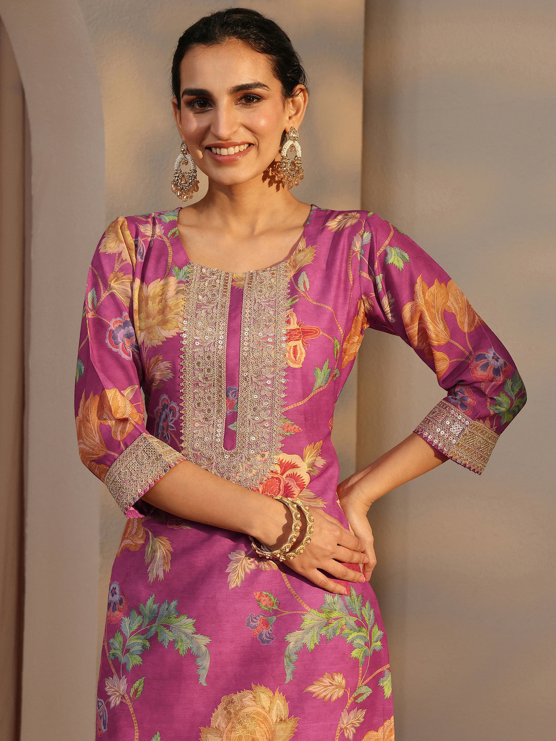 Pink Floral Printed Silk Blend Co-Ord Set
