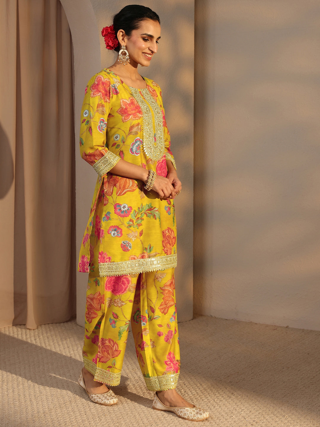 Mustard Floral Printed Silk Blend Co-Ord Set