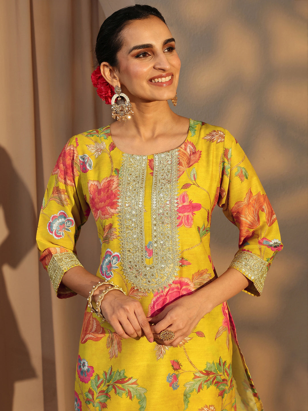 Mustard Floral Printed Silk Blend Co-Ord Set