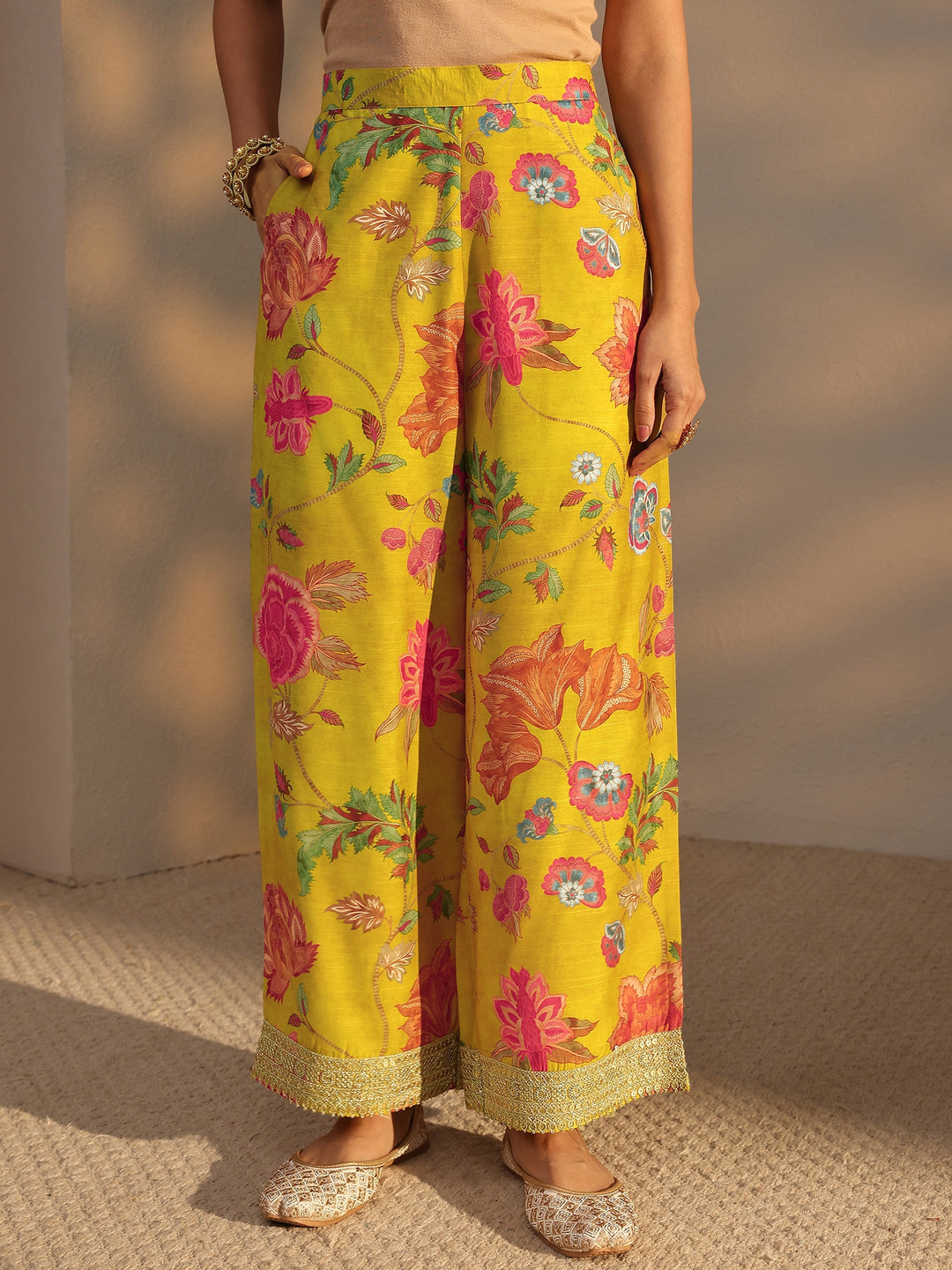 Mustard Floral Printed Silk Blend Co-Ord Set