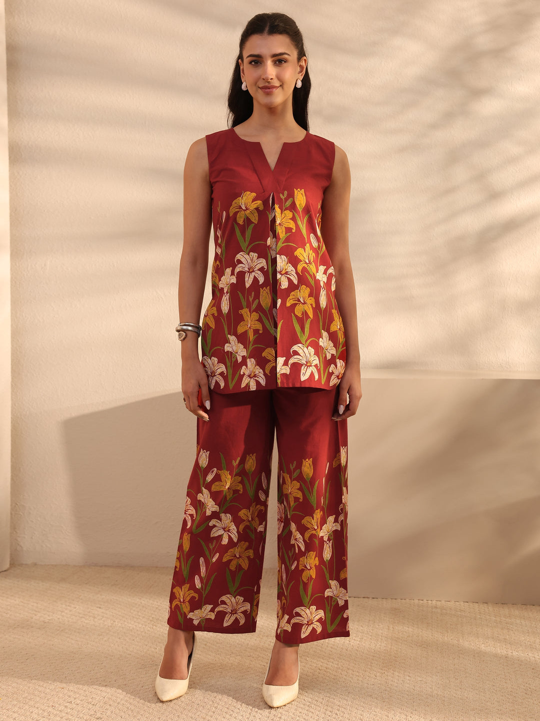 Rust Floral Printed Front Slit Cotton Co-Ord Set