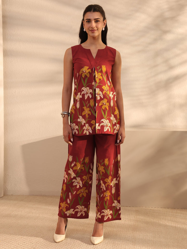 Rust Floral Printed Front Slit Cotton Co-Ord Set