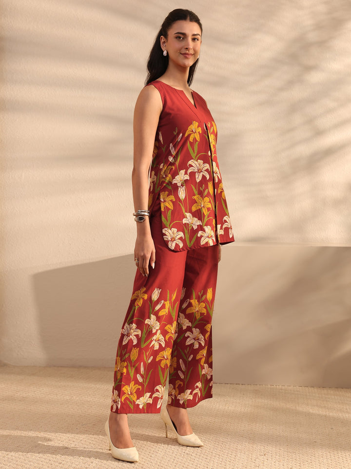 Rust Floral Printed Front Slit Cotton Co-Ord Set