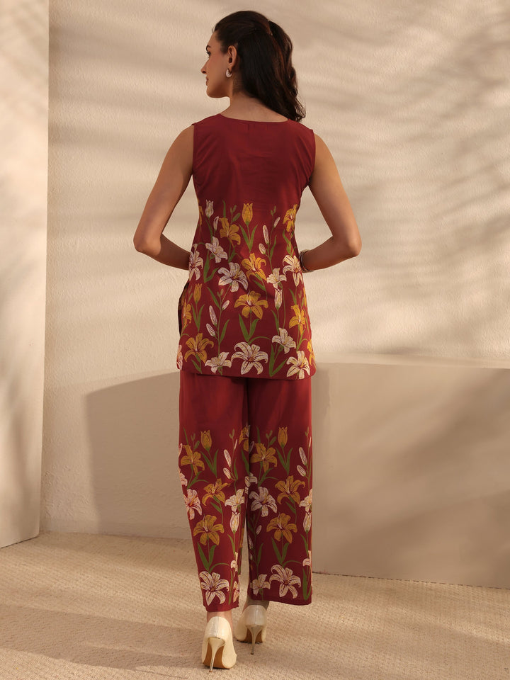 Rust Floral Printed Front Slit Cotton Co-Ord Set