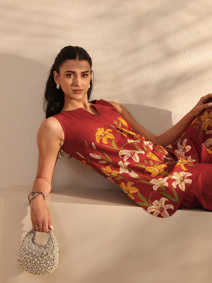 Rust Floral Printed Front Slit Cotton Co-Ord Set