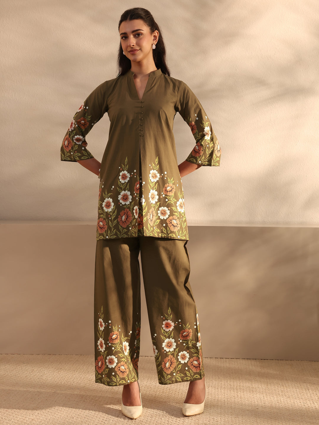 Libas Brown Floral Printed Front Slit Cotton Co-Ord Set