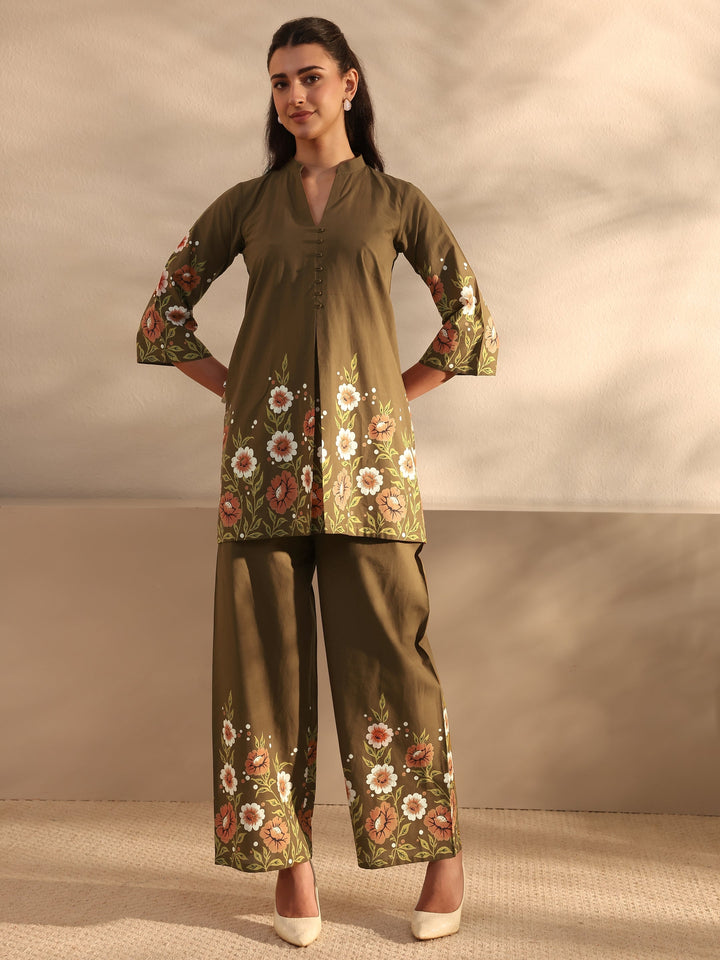 Libas Brown Floral Printed Front Slit Cotton Co-Ord Set
