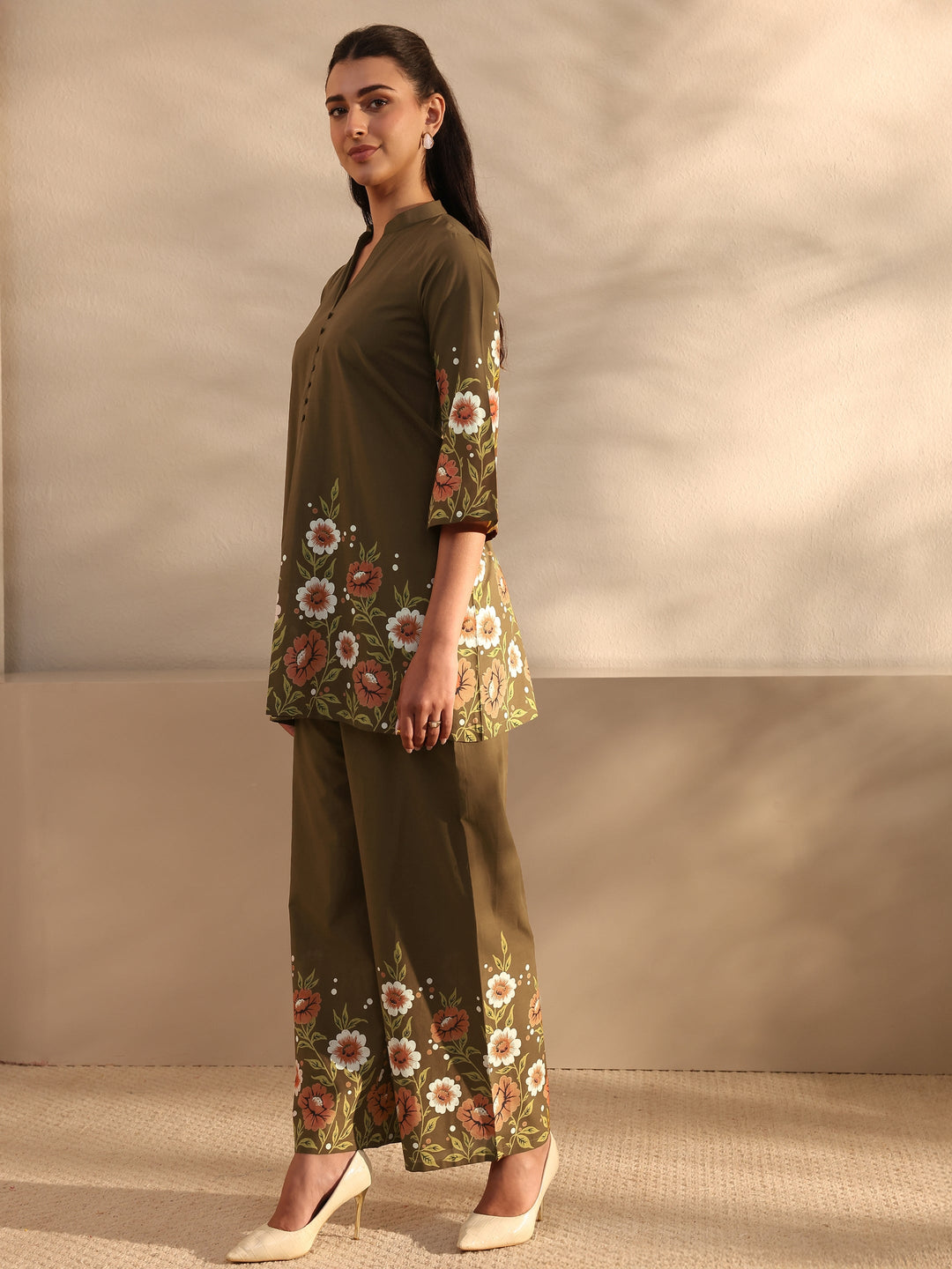Libas Brown Floral Printed Front Slit Cotton Co-Ord Set