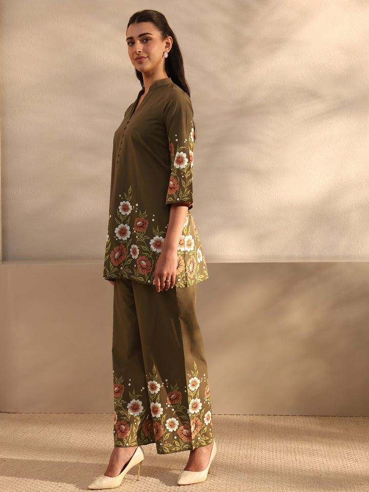 Libas Brown Floral Printed Front Slit Cotton Co-Ord Set