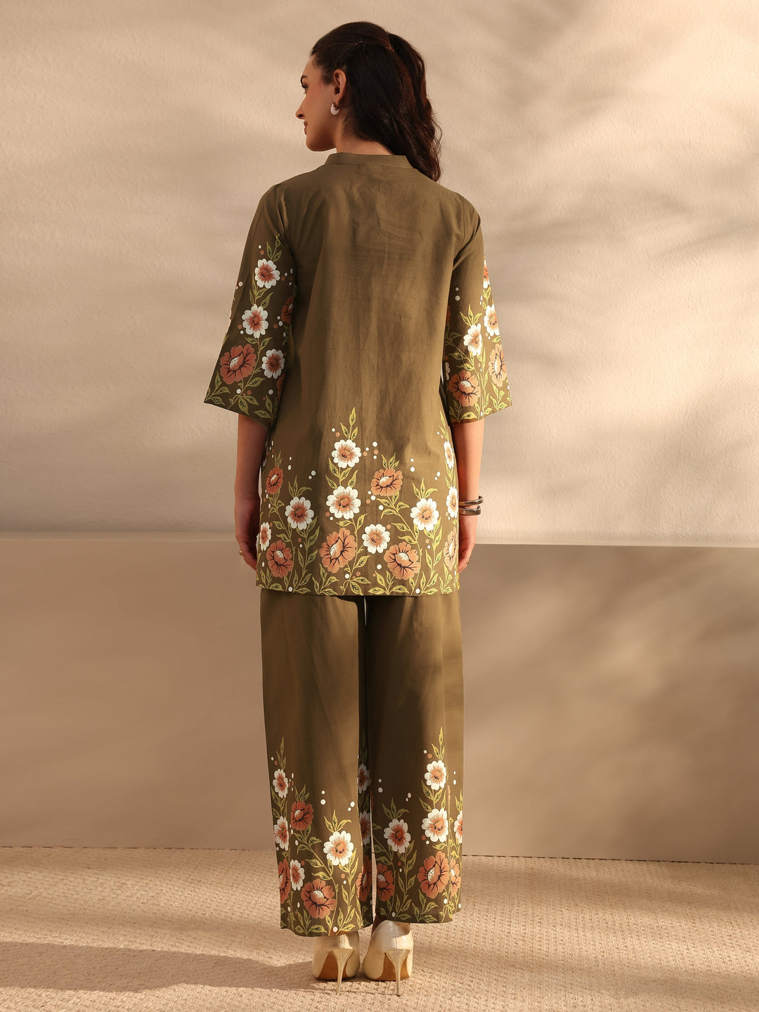 Libas Brown Floral Printed Front Slit Cotton Co-Ord Set