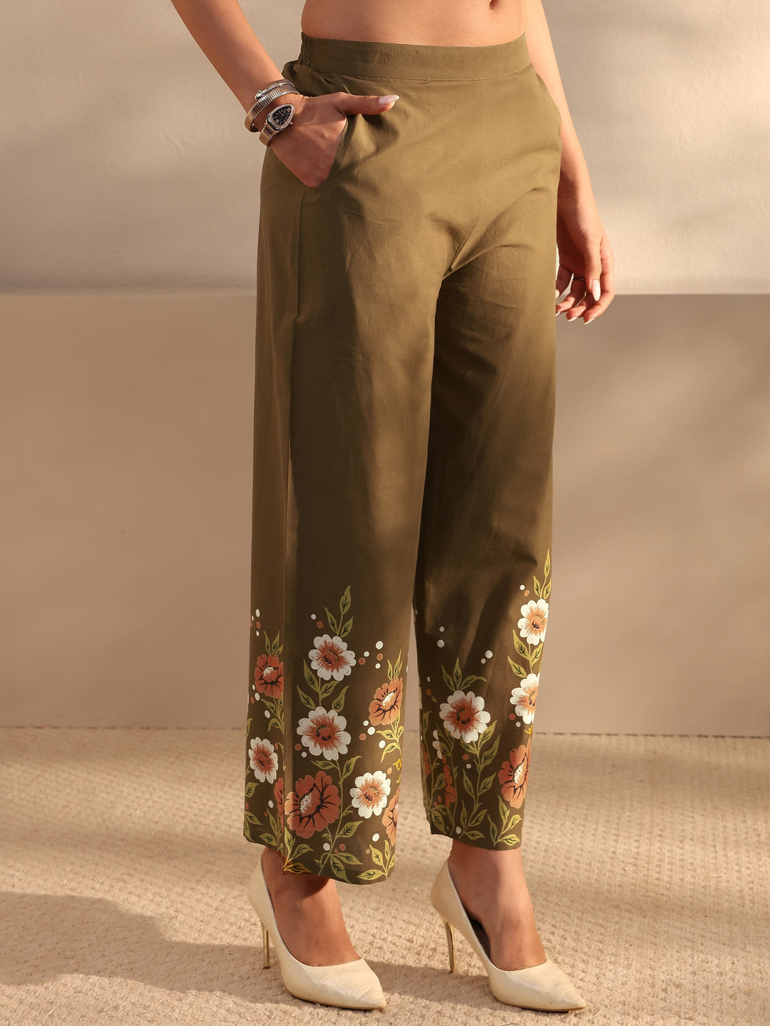 Libas Brown Floral Printed Front Slit Cotton Co-Ord Set