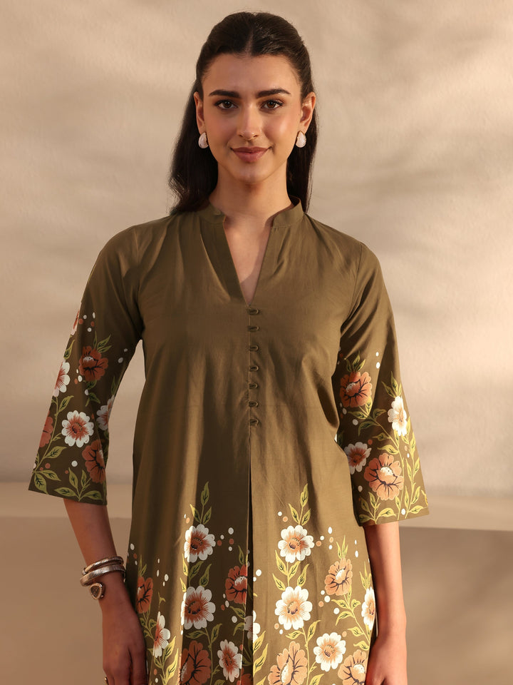 Brown Floral Printed Front Slit Cotton Co-Ord Set