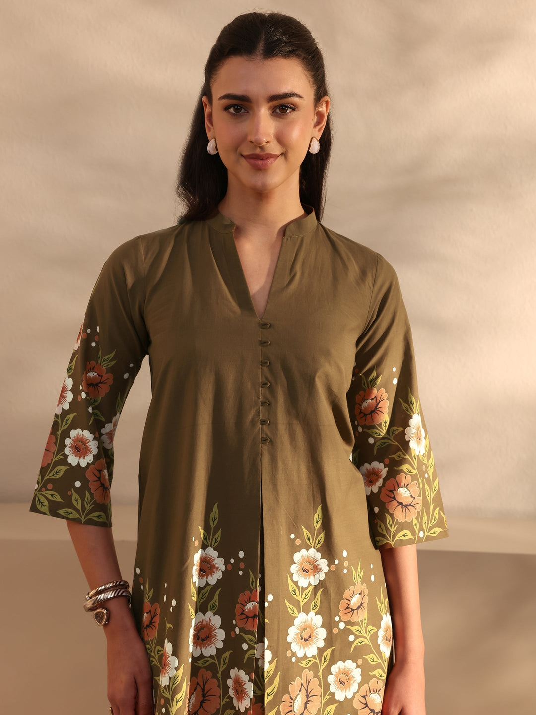 Libas Brown Floral Printed Front Slit Cotton Co-Ord Set