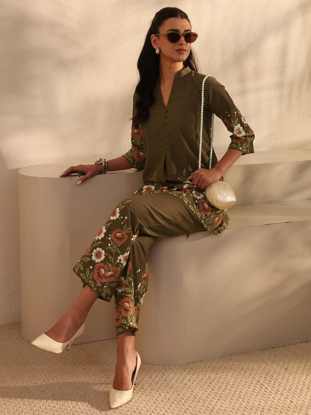 Libas Brown Floral Printed Front Slit Cotton Co-Ord Set