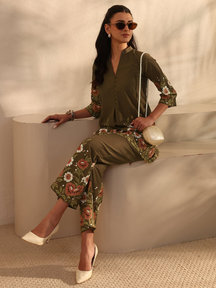 Libas Brown Floral Printed Front Slit Cotton Co-Ord Set