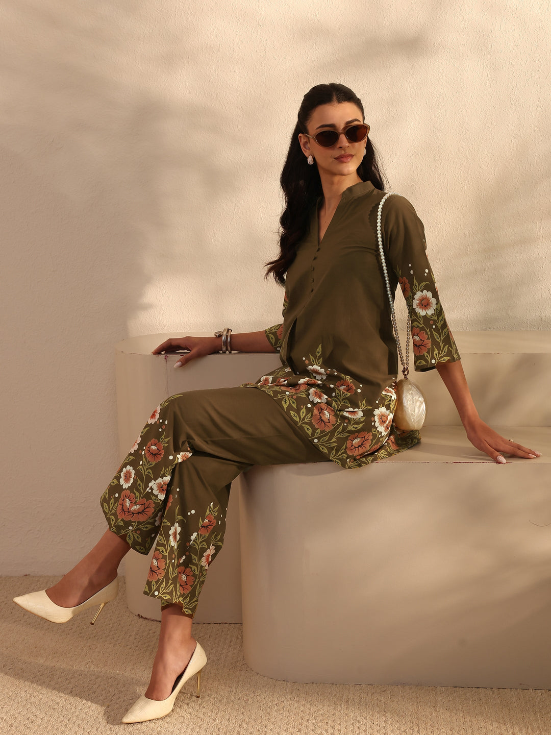 Libas Brown Floral Printed Front Slit Cotton Co-Ord Set