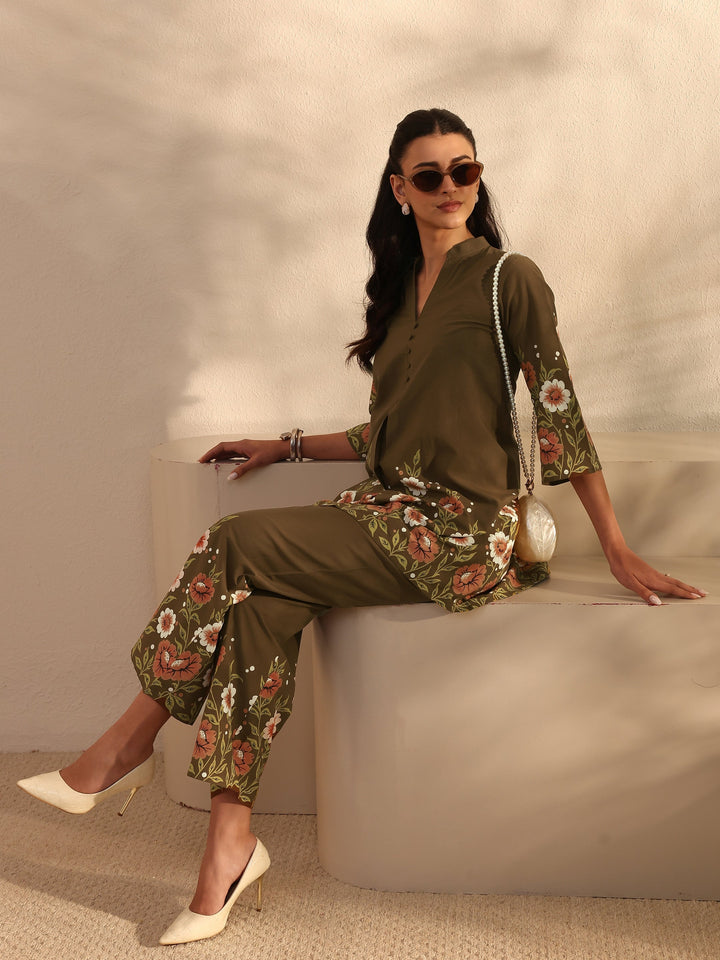 Libas Brown Floral Printed Front Slit Cotton Co-Ord Set