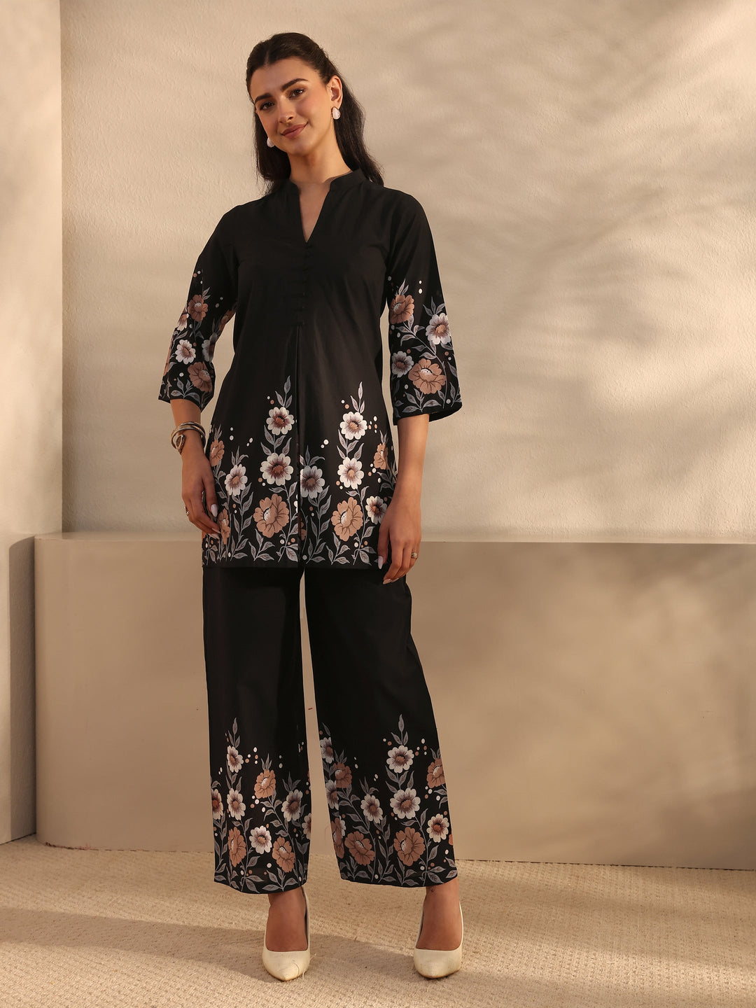 Libas Black Floral Printed Cotton Front Slit Co-Ord Set