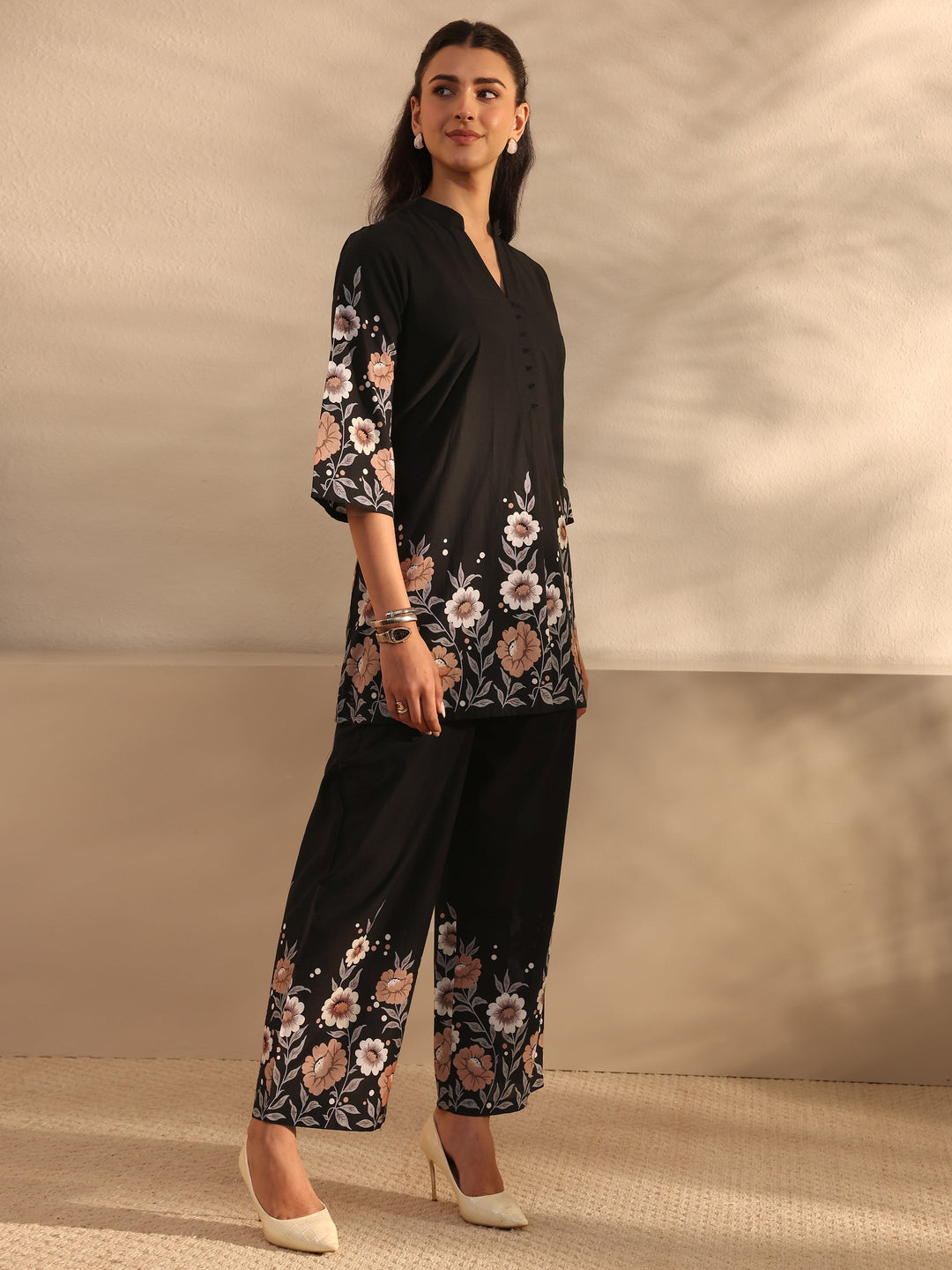 Libas Black Floral Printed Cotton Front Slit Co-Ord Set