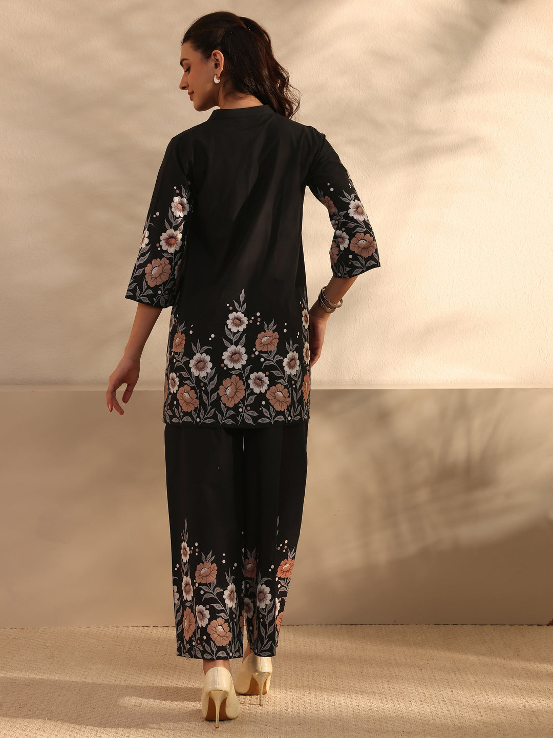Libas Black Floral Printed Cotton Front Slit Co-Ord Set