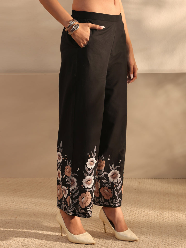 Libas Black Floral Printed Cotton Front Slit Co-Ord Set