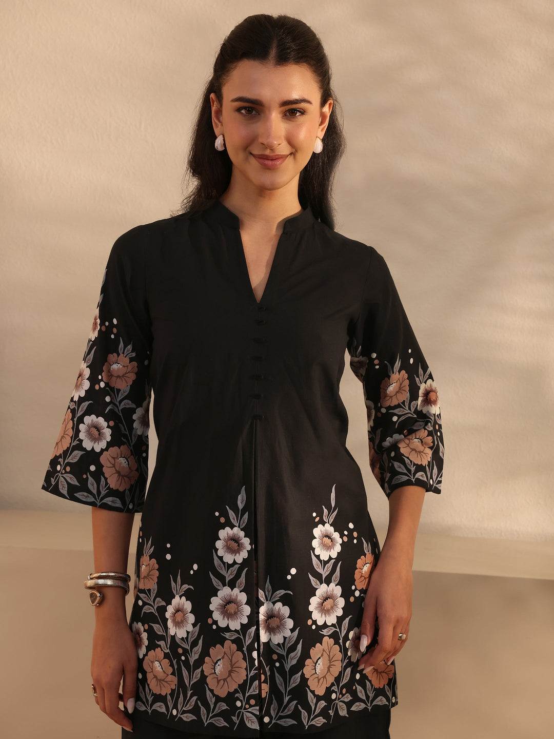 Libas Black Floral Printed Cotton Front Slit Co-Ord Set
