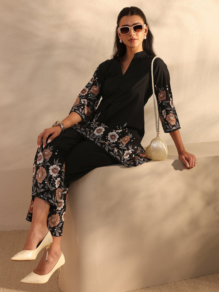 Libas Black Floral Printed Cotton Front Slit Co-Ord Set
