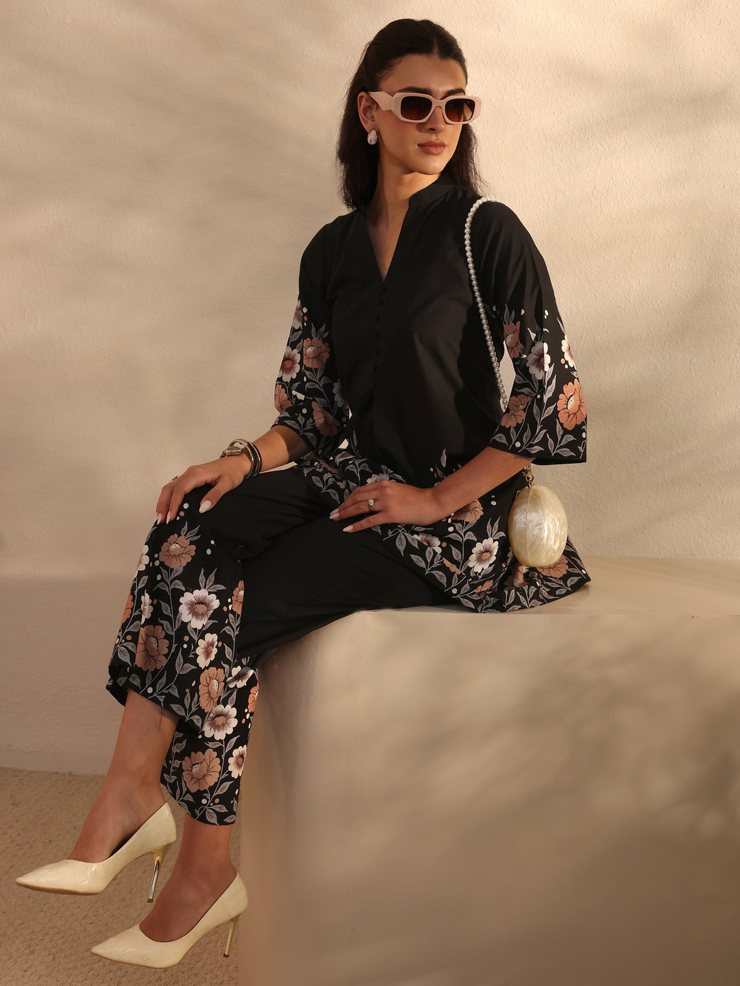 Libas Black Floral Printed Cotton Front Slit Co-Ord Set