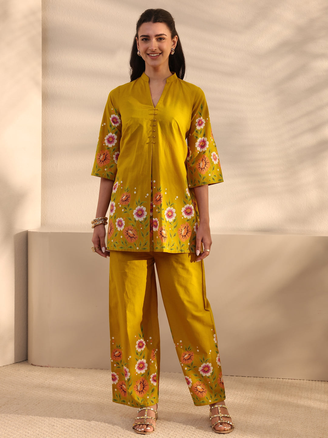 Mustard Floral Printed Front Slit Cotton Co-Ord Set