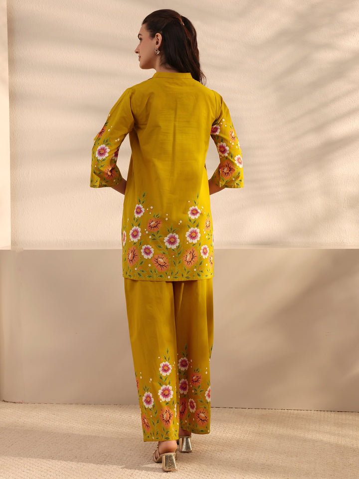 Mustard Floral Printed Front Slit Cotton Co-Ord Set