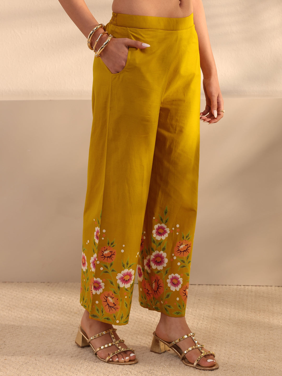Mustard Floral Printed Front Slit Cotton Co-Ord Set