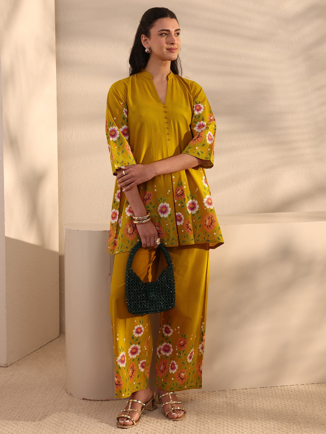 Mustard Floral Printed Front Slit Cotton Co-Ord Set