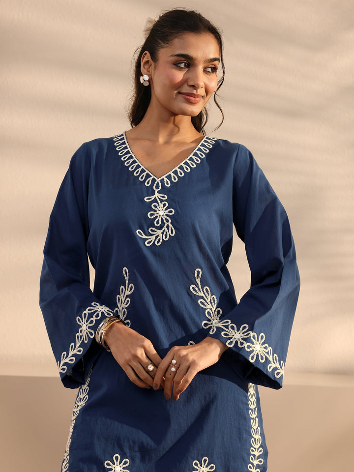Blue Floral Embroidered Cotton Co-Ord Set