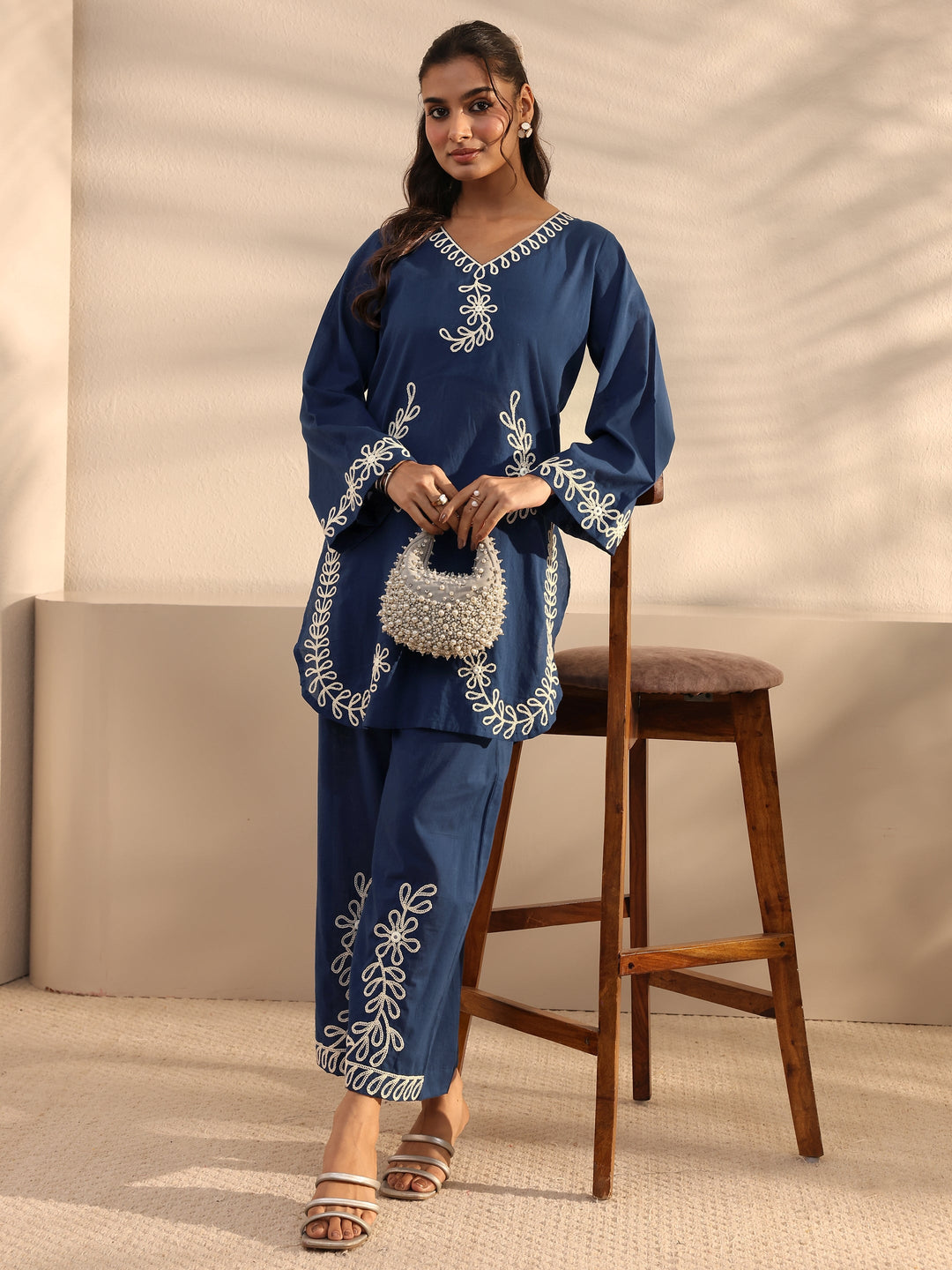 Blue Floral Embroidered Cotton Co-Ord Set