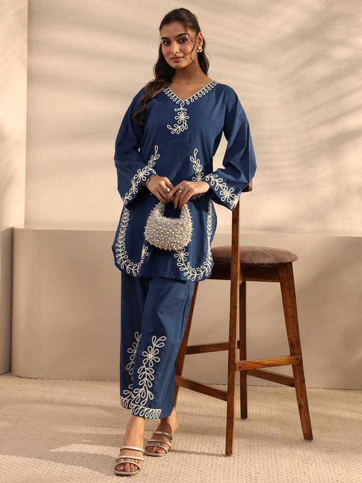 Blue Floral Embroidered Cotton Co-Ord Set