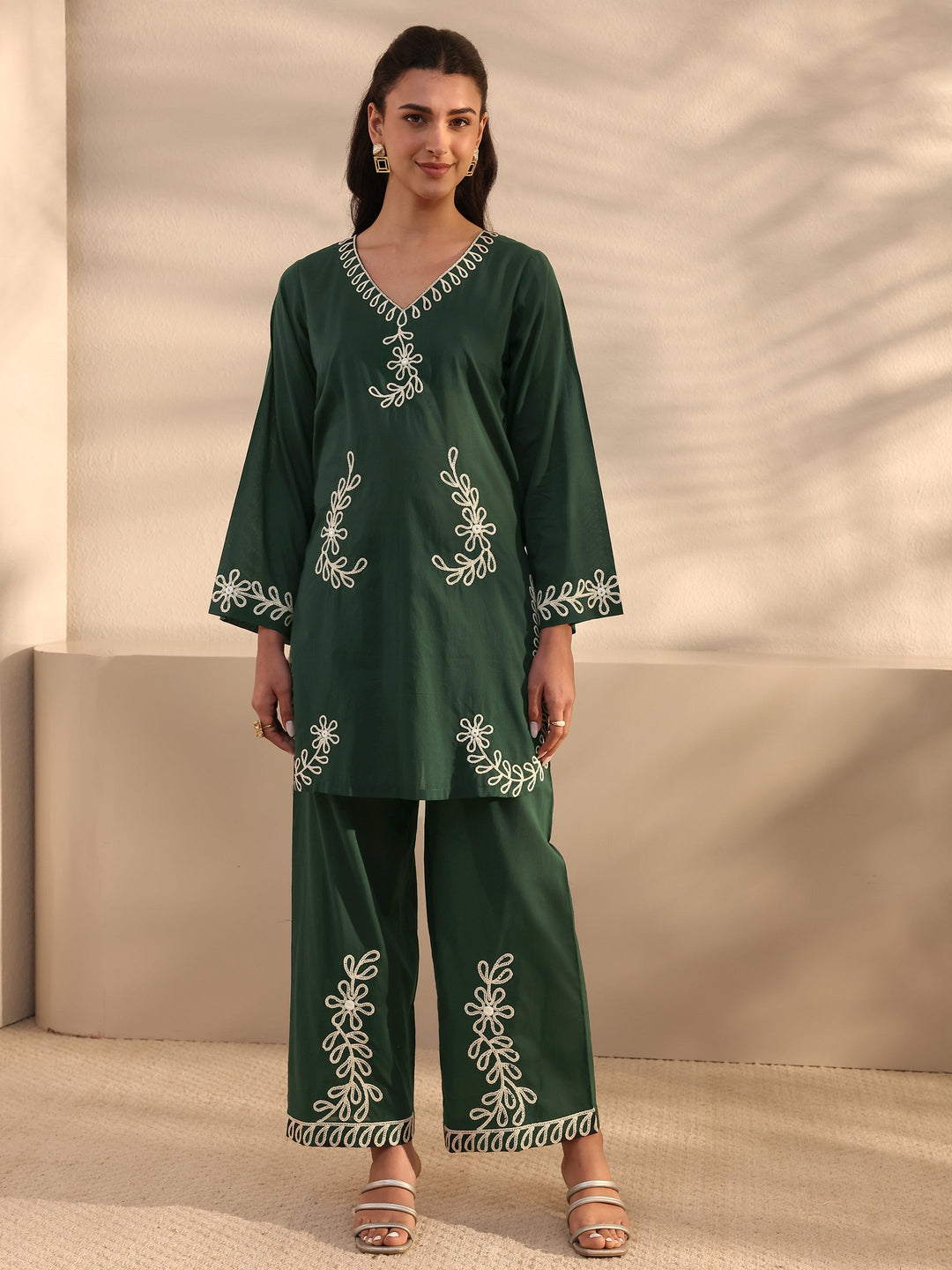 Green Embroidered Cotton Co-Ord Set