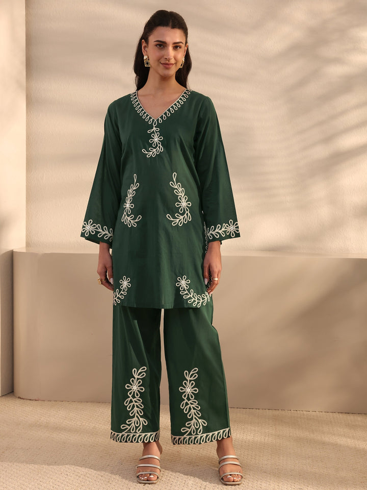 Green Embroidered Cotton Co-Ord Set
