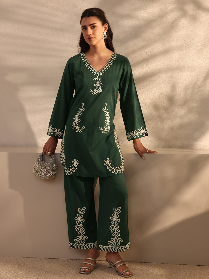 Green Embroidered Cotton Co-Ord Set