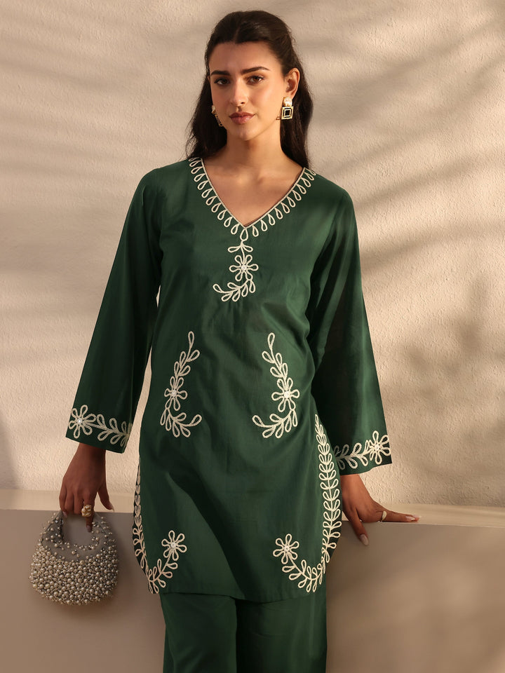 Green Embroidered Cotton Co-Ord Set