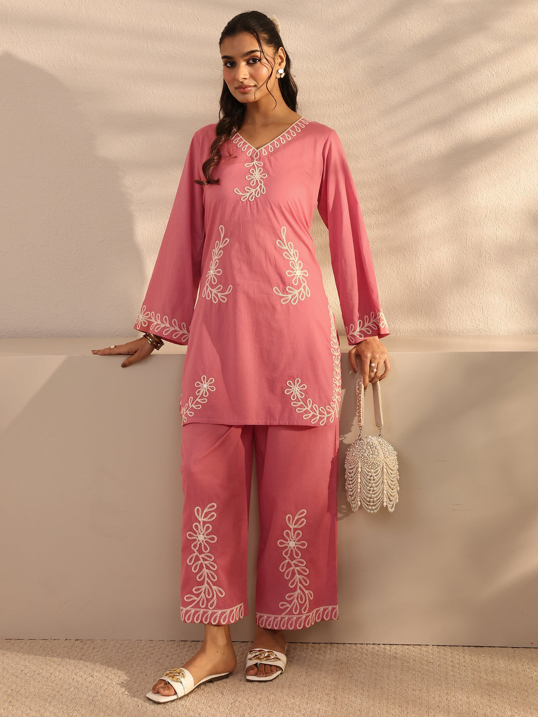 Pink Embroidered Cotton Co-Ord Set