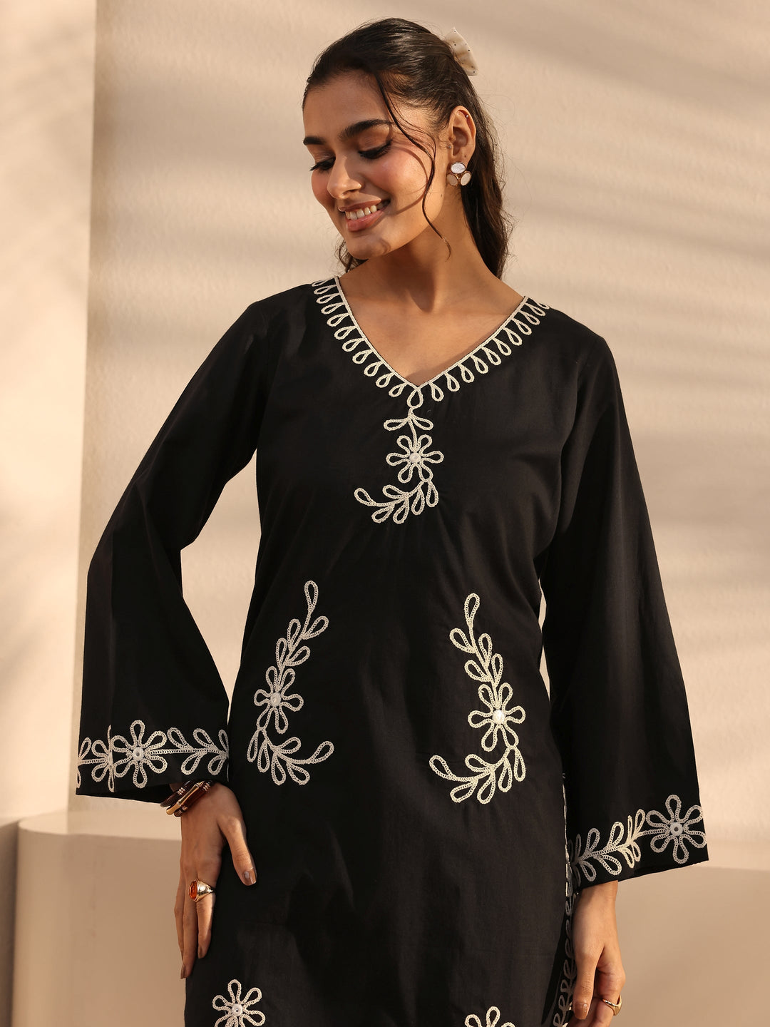 Black Embroidered Cotton Co-Ord Set